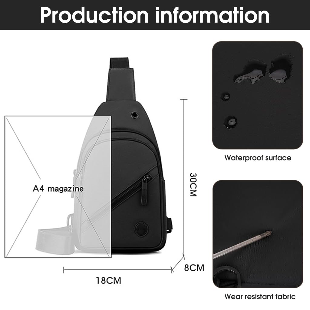 GUSTAVE Waterproof Sling Bag Crossbody Backpack Chest Shoulder Cross Body Bag Travel Outdoor Sport Hiking Cycling Camping Daypack For Men Women (30cm x 18cm x 8cm, Black)