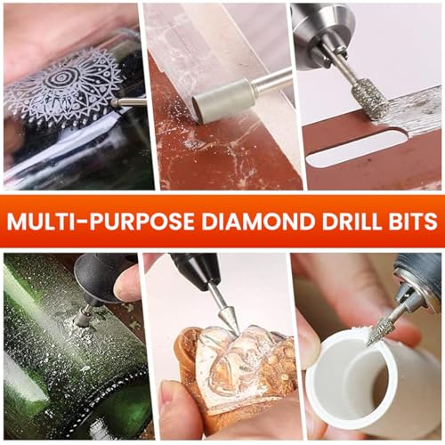 Serplex® 20PCS Diamond Drill Bit Set Stone Carving Rotary Tool Polishing Bits with 1/8 inch Shank 6 Designs Flat-faced Head Spear Tip Ball Tips Tapered Round Oval