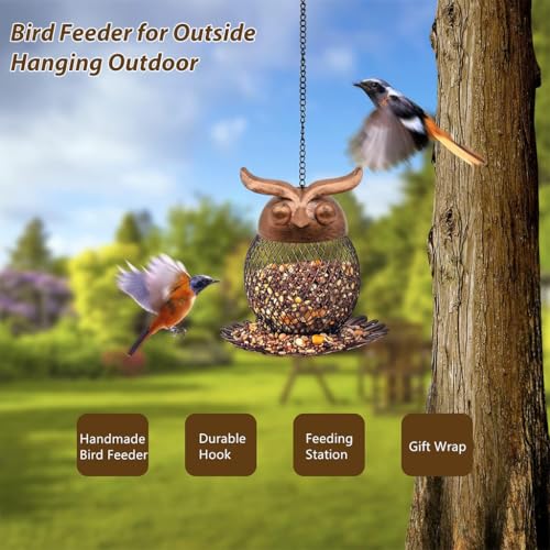 HASTHIP® Outdoor Bird Feeder Garden Ornament Hanging Metal Mesh Wire Owl Bird Feeder with Floral Bottom Tray Decorative Garden Ornament, 14.5x15cm
