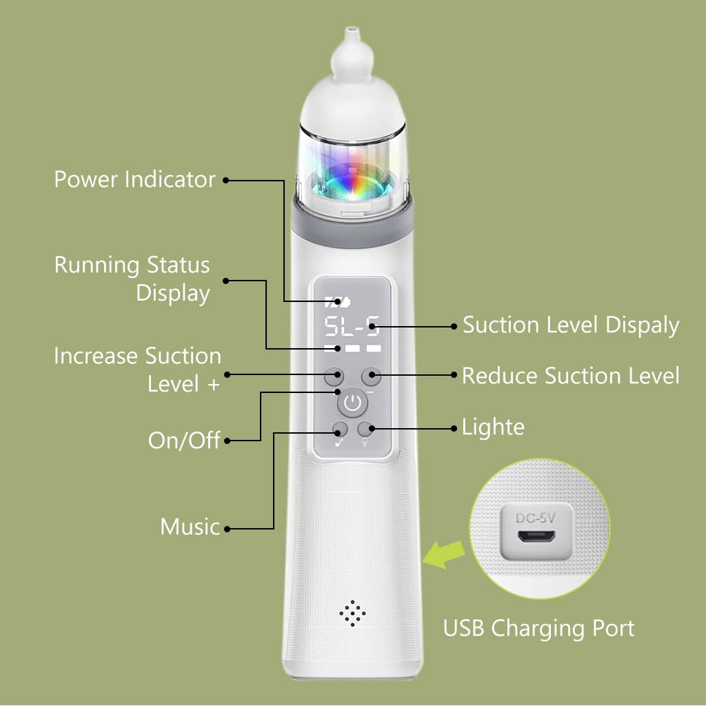 SNOWIE SOFT USB Nasal Aspirator for Baby with Light & Music, 5 Levels & 3 Tips, Electric Baby Nose Suction, Baby Nose Sucker Baby Mucus Remover Toddlers Nose Cleaner Electric Nasal Sucker (White)
