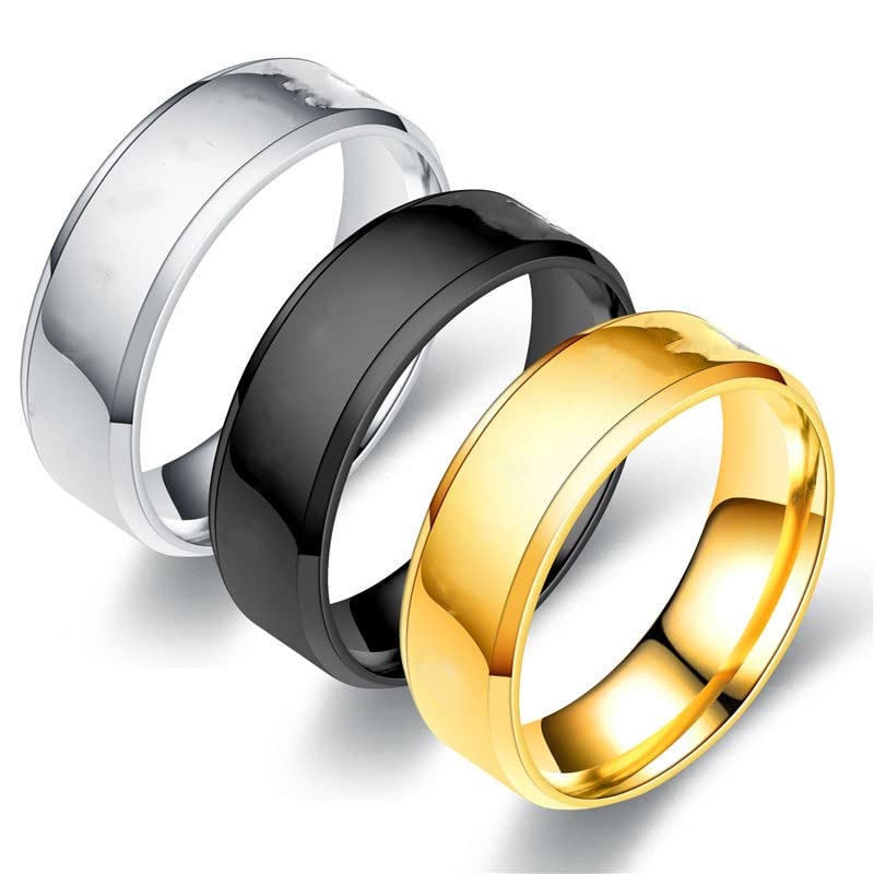 SANNIDHI 3 Pcs of Stainless steel Simple Band Rings for Men Fashion in 6MM Width and set of Silver, Black and Gold 19MM