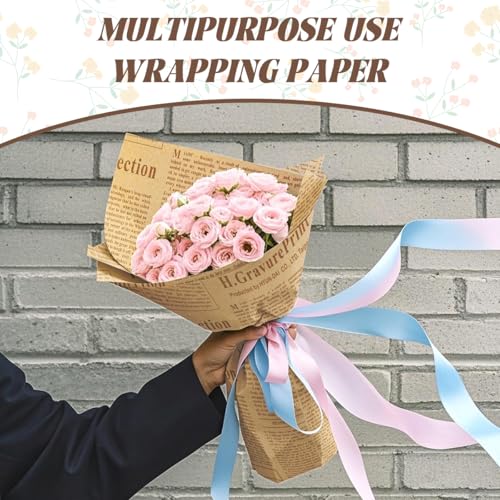 HASTHIP® 6 Sheet Flower Packing Papers Gift Wrapping Paper Retro Newspaper Style Brown Package Paper for Gifts 50x70cm 18 PCS