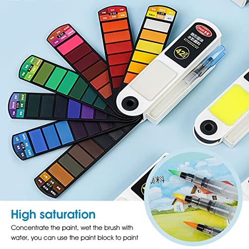 HASTHIP® 42 Colors Foldable Solid Watercolor Paint Set with Refillable Water Brush Pen and Absorbent Sponge Travel for Students Adults Beginners Artist Field Sketch 2 PCS