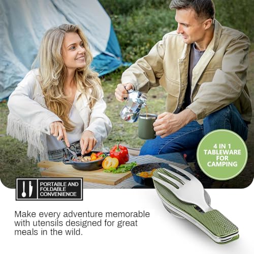 Proberos® 4 in 1 Tableware for Camping, Folding Fork & Spoon Cutter with Bottle Opener, Food Grade Stainless Steel Folding Tableware, Aluminium Handle, Travel Outdoors Multifunctional Tool