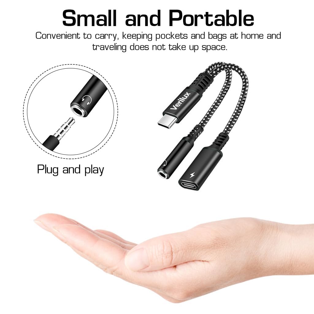 Verilux USB C to 3.5mm Jack Audio Adapter, 2 in 1 Type C to Aux Audio Jack with 60W PD Fast Charging, Game Sound Card Game Audio Adapter Compatible with Galaxy S22 S21 Ultra 5G S20 S20+ Plus Note 20