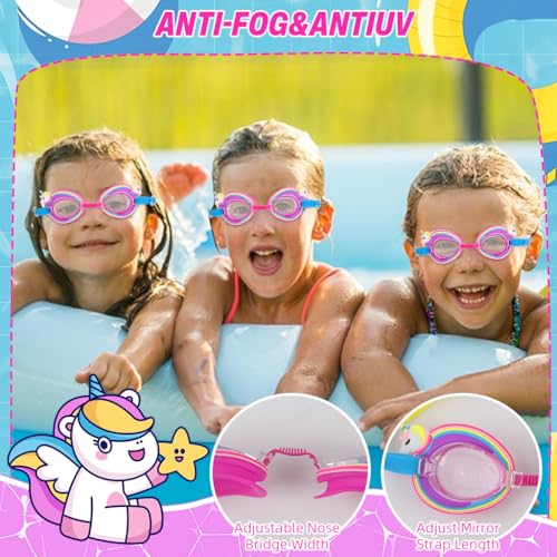 Proberos® Kids Swimming Goggles Anti-Fog UV Protection Adjustable Silicone Seal Leak-Free Fit Cartoon Rainbow Unicorn Design Ear Plugs Case 6-12 Years 2PCS