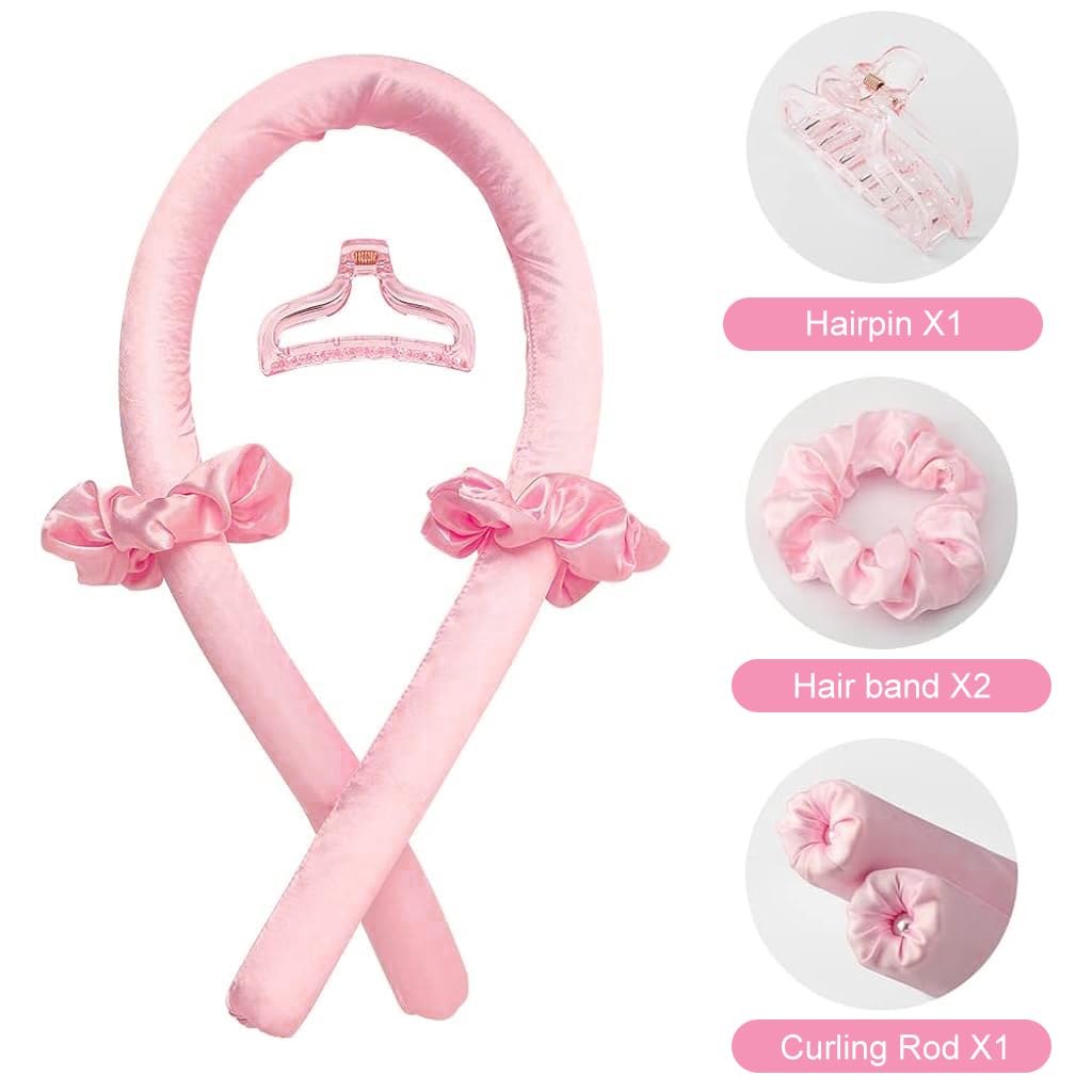 ZIBUYU Heatless Curling Rod Headband No Heat Silk Ribbon Curling Rod Hair Roller Curls with Hair Claw Clip Lazy Natural Soft Wave DIY Hair Rollers Styling Tool for Sleep in Overnight (Pink)