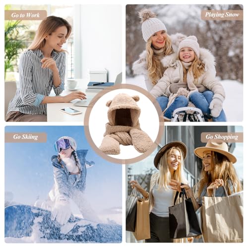 PALAY Kawaii Winter Scarf Hat for Girls 3 In 1 Cute Bear Ear Warm Scoodie Scarf Hat Extended Long Scarf & Intergrated Gloves Fashion Winter Scarf Hat Gift for Girls