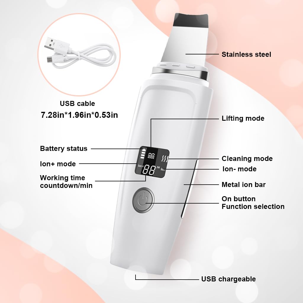 HANNEA Skin Scrubber Blackhead Remover Tool Ultrasonic Facial Cleaner Massager Machine Skin Scraper USB Rechargable 4 Modes Skin Spatul with LCD