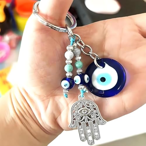 SANNIDHI® Bag Charms Evil Eyes Keychains Blue Beads Palm Pendant Keyring Silver Metal Acrylic Bag Charm for Handbags Good Luck Gift Key Chain for Girls Women