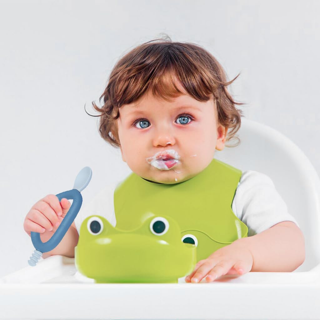 SNOWIE SOFT Baby Spoon 2 in 1 Baby Spoon Teether Spoon Feeding Spoon Innovative Loop Grip Self-feeding Spoon Food Grade BPA Free Soft Silicone Spoon Heat Resistant Baby Spoon for 6 Month+, Blue