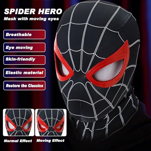 FANCYKU® 3D Spide Mask Combo Set with Moving Eyes & Jaw Motion Activated Blinking Eyelids, Red & Black Red Cosplay Head Covers for Adults & Kids, Halloween, Masquerade, DIY Costume Parties