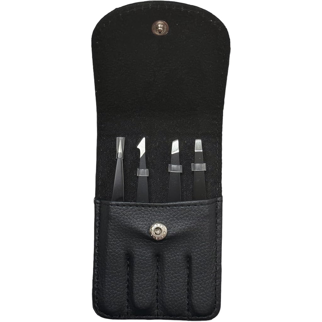 ZIBUYU Stainless Steel Eyebrow Grooming Kit with Storage Pouch Set of 4Pcs Eyebrow Tweezers Slant-Tip/Point-Tip/Flat-Tip Eyebrow Tweezer Set