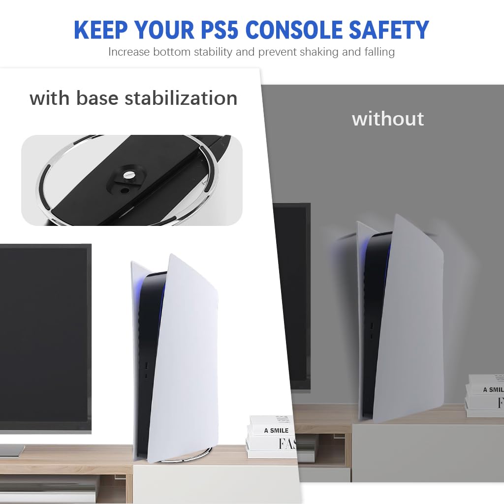 ZORBES Vertical Stand for PS5/PS5 Slim Consoles Slim PS5 Holder Stand with Metal Ring Base Anti-slip Vertical Stand for PS5/PS5 Slim Consoles