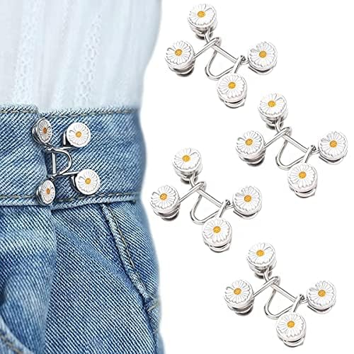 SANNIDHI 4Pcs Adjustable Waist Buckle for Loose Jeans Pants, Pearl Detachable Instant Jeans Button Pins Waist Tightener Set, Make the Waist Fit for Skirt, Pants, etc (No Sewing) (Daisy)