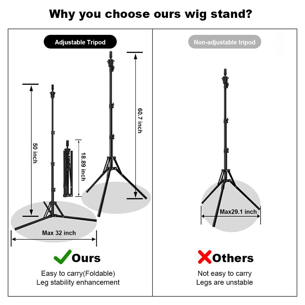 MAYCREATE Wig Stand Tripod, Adjustable Metal Mannequin Head Stand Holder, Upgrade Foldable Wig Head Stand for Cosmetology Hairdressing Training (17-56inch)