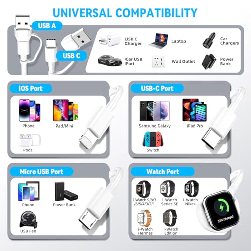 Verilux® 4 in 2 Multi Type C Cable Fast Charging 3.9FT 1.2M Watch Charger for Galaxy iWatch USB C Micro USB Lightning Type iPhone 16 15 14 S25 S24 S23 3PCS