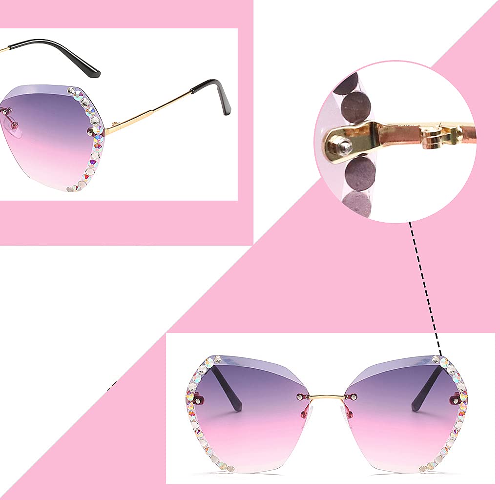PALAY UV400 Protective Sunglasses for Women Stylish with Storage Box Glasses Cloth, Rimless Diamond Cutting Lens Women Sunglasses for Summer Driving Shades for Women(Style 2)