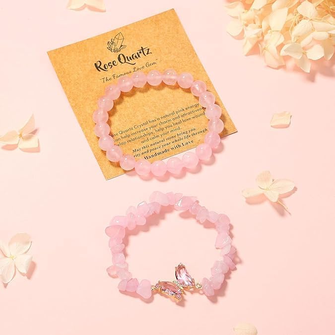 SANNIDHI® Amethyst bracelet for women, anxiety relief amethyst beaded bracelet, butterfly charm healing stone layered bracelets, gift for women-Peach Pink
