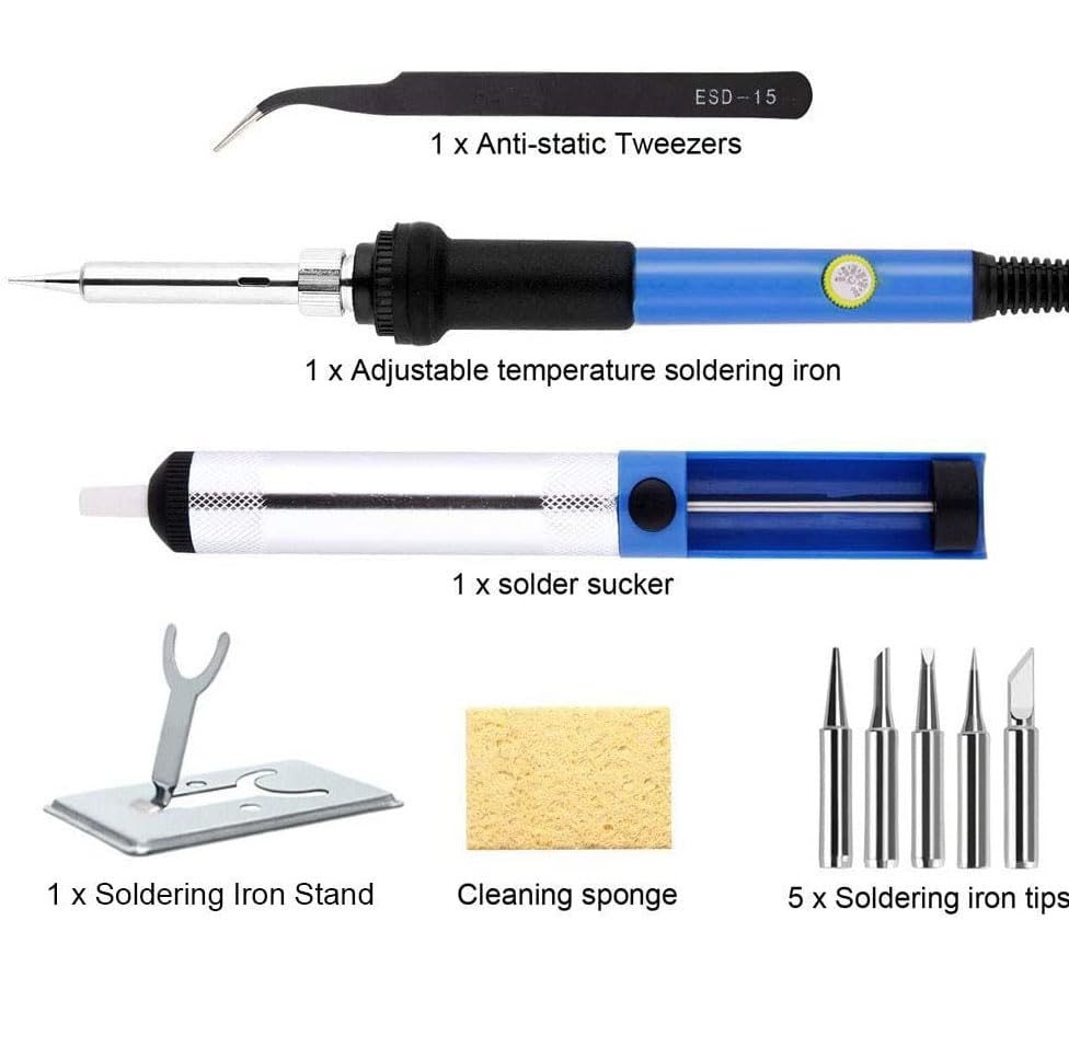 Serplex Soldering Iron Kit, 110V 60W Adjustable Temperature Soldering Kit Electric Soldering Kit Set Welding Tools with 5pcs Different Tips, Stand, Tweezers, Sponge, Flux Pen, Soldering Wire (11Pcs)
