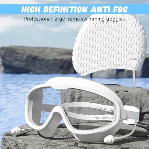 Proberos® Adult Swim Goggles Swimming Cap Unisex Professional with Integrated Ear Plugs Anti-fog Diving for Surfing Kayaking White 3 PCS