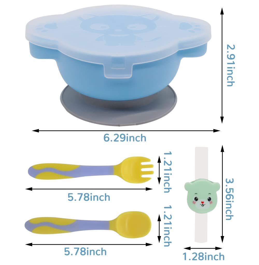 ELEPHANTBOAT 4Pcs Baby Plates for Baby with Cover, Fork, Spoons and Straws- Suction Cup Bowl Set- Self Feeding for Toddler -Training Dinnerware, Dishwasher & Microwave Safe, BPA Free