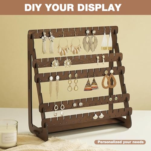 HASTHIP® Earring Display, Wood Earrings Stand Stud Tower Jewelry Organizer Holder for Stud Hook Earrings Organizer - Coffee