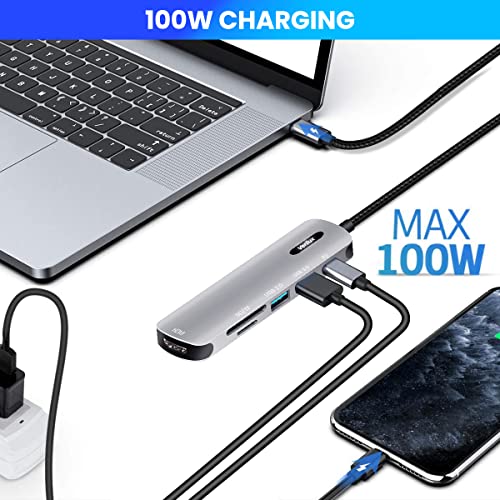 Verilux® USB C HUB 6 in 1 to HDMI Adapter 4K 30Hz 3.0 2.0 Multiple Port SD TF Card Reader PD 100W Charging Type for Laptop MacBook Pro Air Long Cable 20CM 3PCS