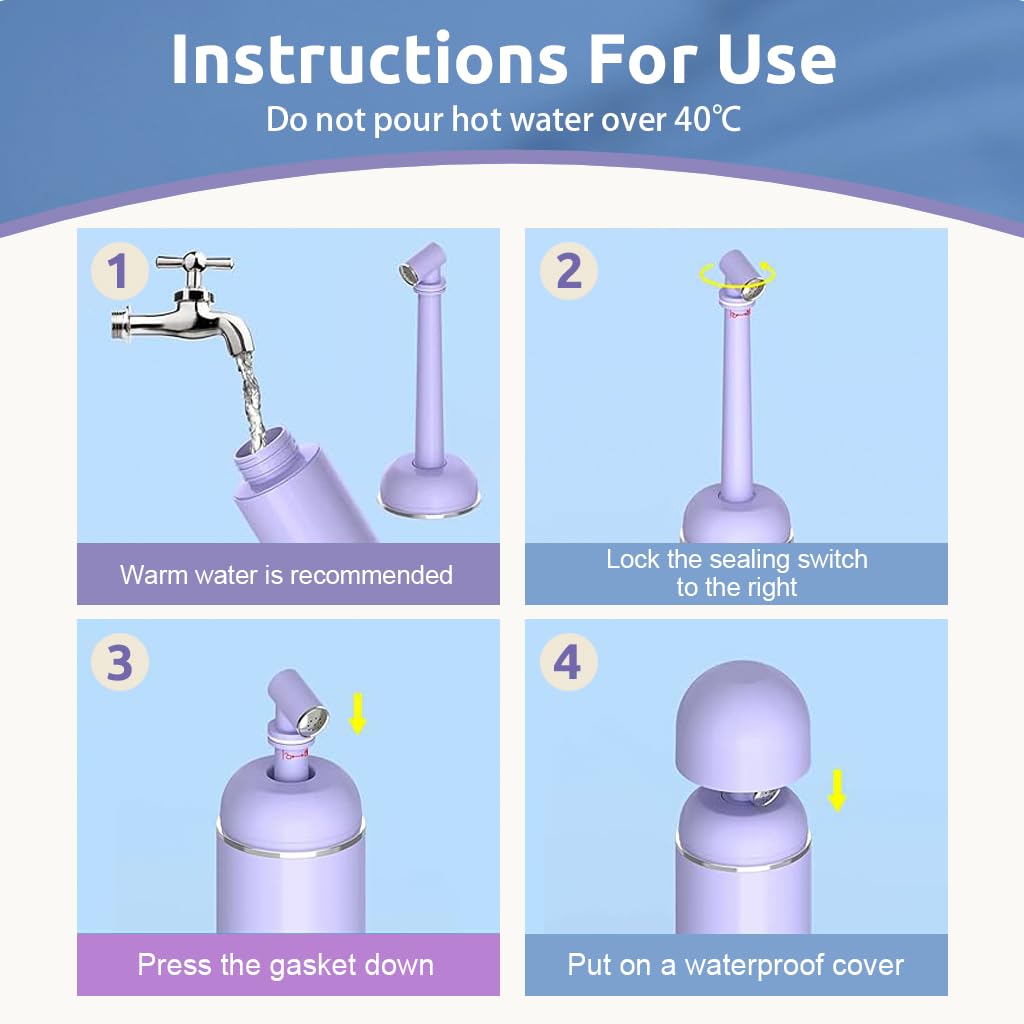 HANNEA Travel Bidet 380ml Portable Travel Bidet with Lid Sanitary Rinse Bottle with Retractable Spray Nozzle Leaking Proof Travel Bidet for Women, Personal Handheld Sanitary Bidet(Purple)