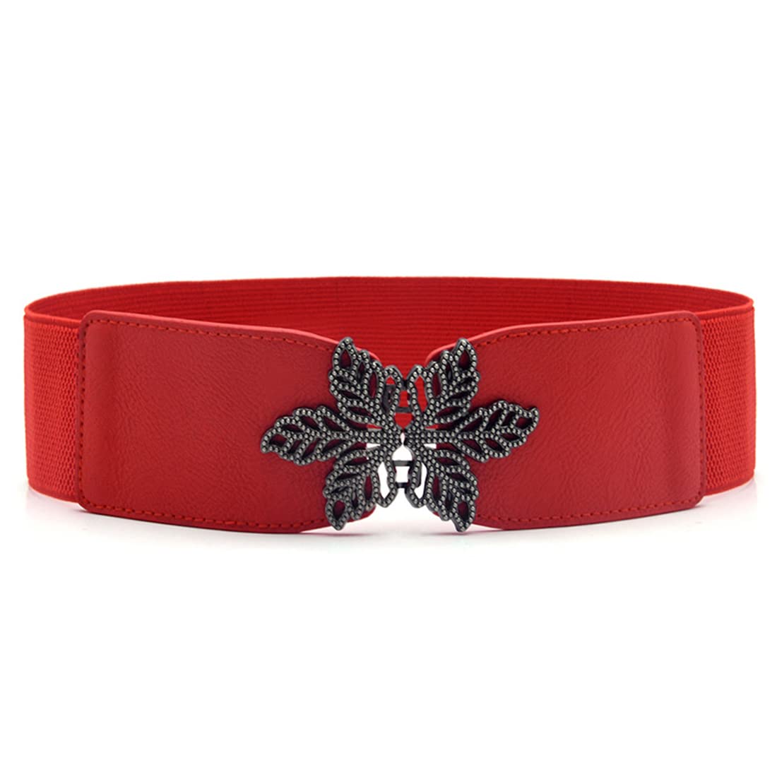 ZIBUYU Women's Faux Leather Belt Fashion Women Wide Elastic Belt For Dress Ladies Stretchy Belt Metal Interlocking Buckle (Red)