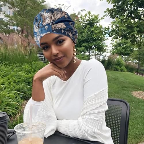 SANNIDHI® Chemo Caps Cotton Head Scarf Floral Print Cancer Headwrap Soft Turban Beanie Skull Cover Satin Liner Blue 3PCS