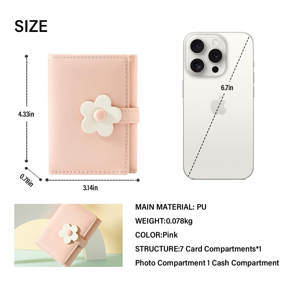 PALAY Girls Wallet Women Wallet PU Leather Card Holder Girls Wallet Cute Flower Snap Button Wallet with Lovely Heart Shaped Photo Window Gift Wallet for Girls Christmas Gift