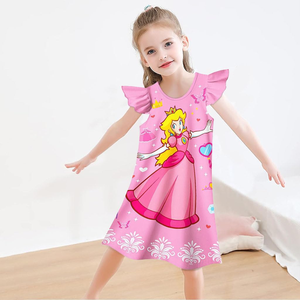 PALAY Girls Dress Princess Peach Dress Costume for Toddler Kids, Cartoon Ruffle Sleeve Summer Sleep Dresses Cozy Silk Party Dress for Girls 4-5 Years Old Gift, Pink