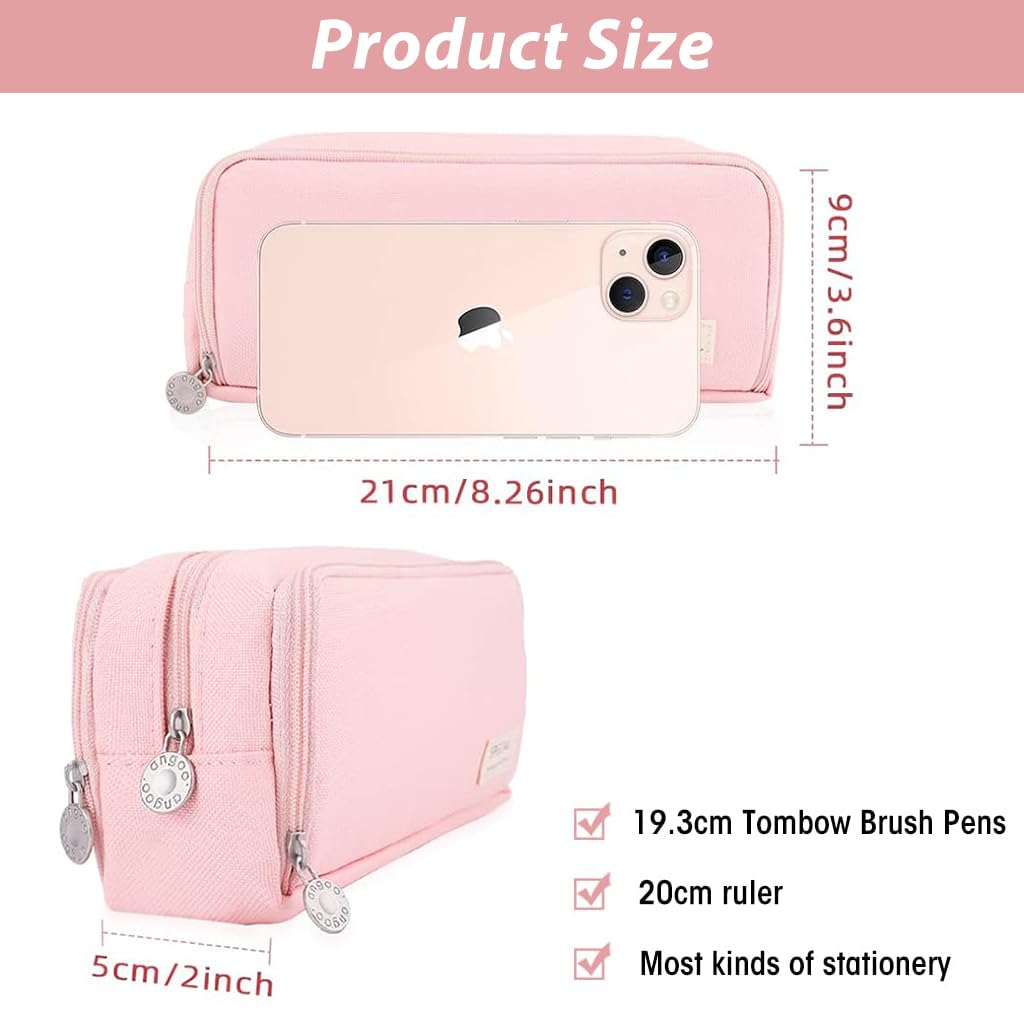 Climberty Large Capacity Pencil Case, 3 Compartment Pouch Pen Bag with 8 Elastic Pen Sleeves, 3 Zipper Portable Storage Pencil Pouch for School Teen Girl Boy Men Women (Pink)