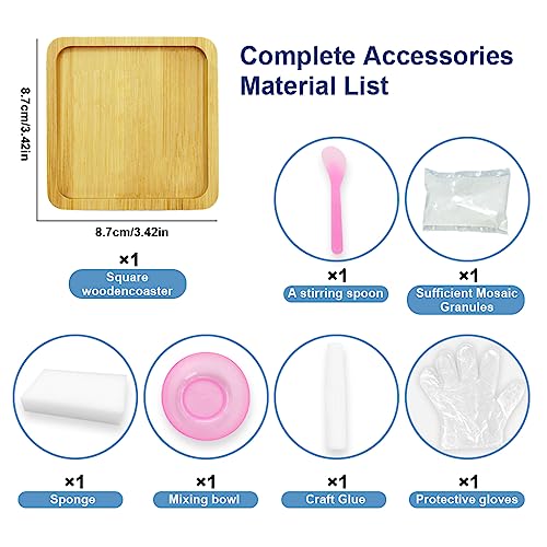 HASTHIP Glass Mosaic Tiles, Mosaic Kit with Wooden Coaster, Glitter Crystal Stained Mini Ceramic Tiles for Crafts, Mosaic Kits for Adults, DIY Coasters Kit, Pink