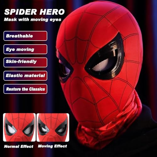 FANCYKU® 3D Spide Mask Combo Set with Moving Eyes & Jaw Motion Activated Blinking Eyelids, Red & Black Red Cosplay Head Covers for Adults & Kids, Halloween, Masquerade, DIY Costume Parties