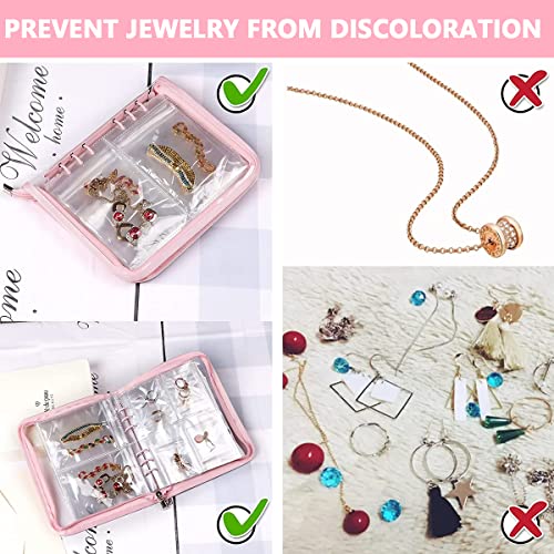 MAYCREATE® Transparent Jewelry Storage Book Anti Oxidation Organizer Bag with 60 Pockets for Bracelets Necklace Rings Pink Metal 3 PCS