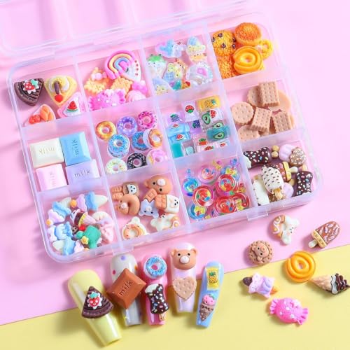 MAYCREATE® 3D Candy Nail Charms 12-Style Lollipop Mixed Color Cute Gummy Bear Fruit Donuts Art Hollow Jewelry for DIY Crafts Accessories 2 PCS