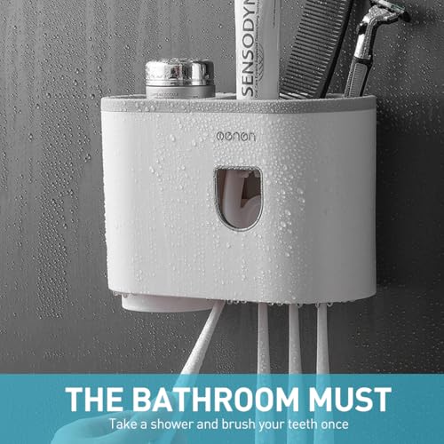 ZIBUYU® Toothbrush Holder Bathroom Stand 3 in 1 Wall Mounted with Toothpaste Dispenser Single Cup Family Self Adhesive Organizer 3PCS
