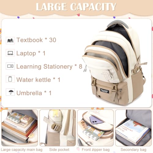 PALAY® Casual Backpack With Cute Accessory 18.1 Inch Bookbag Pendant Laptop Bag Lightweight Travel Beige 3 PCS