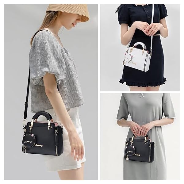 ZIBUYU® Hand Bag for Women Stylish PU Small Tote with Detachable Strap Cat Ear Pouch Crossbody Shoulder for Daily Use Black 24x10x18cm 2PCS