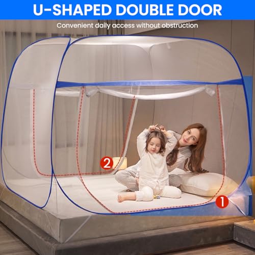 HASTHIP® Pop-Up Mosquito Net Tent for Double Size Bed Dual Zip Doors Mattress Straps Foldable Breathable Mesh Portable Canopy for Home Travel Classic White All-Round Protection