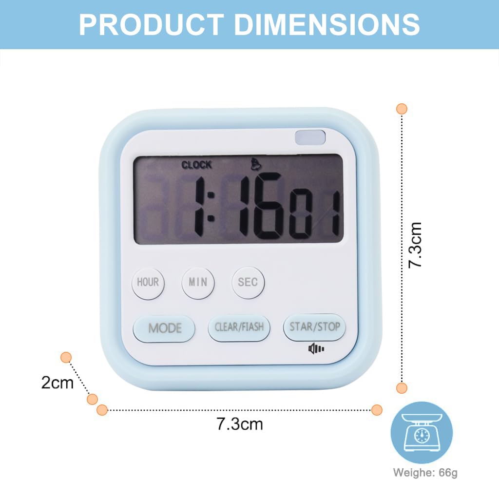 ZIBUYU LCD Digital Timer Magnetic Alarm Clock with Light 24hs Countdown Timer Time Reminder Baking Timer with Magnetic Folding Bracket Battery Powered Timer for Kitchen, Study, Cooking, 5.4x7cm