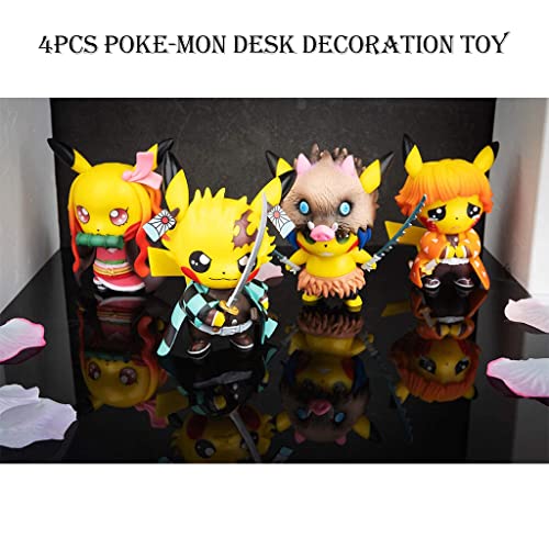 PATPAT® 4pcs Poke-mon Pi-kachu x Demon Slayer Action Figures Desk Decoration PVC Poke-mon Pi-kachu Figure Toy, 8-9cm, Christmast Gift Birthday Gift for Poke-mon Fans Kids Demon Slayer Lovers