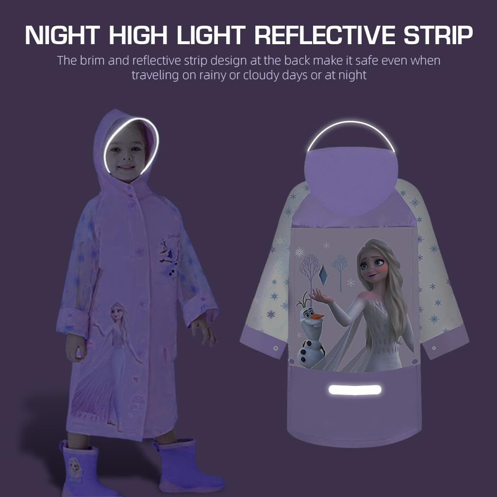 PALAY Raincoat for Girls Cartoon Purple Princess Elsa Print EVA Raincoat Wide Brim Hood Rain Jacket with Backpack Rain Cover Knee Length Long Raincoat for School Girls 9-11 Years Old, Size XXL