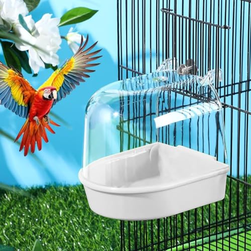 Qpets® Bird Bathing Box for Cage, 2 Pcs - Transparent Cover, 14x14x13CM, Screw-Fixed, Easy Installation, Water Refill Hole, Durable Non-Toxic Plastic, Perfect for Finches, Parakeets & Canaries