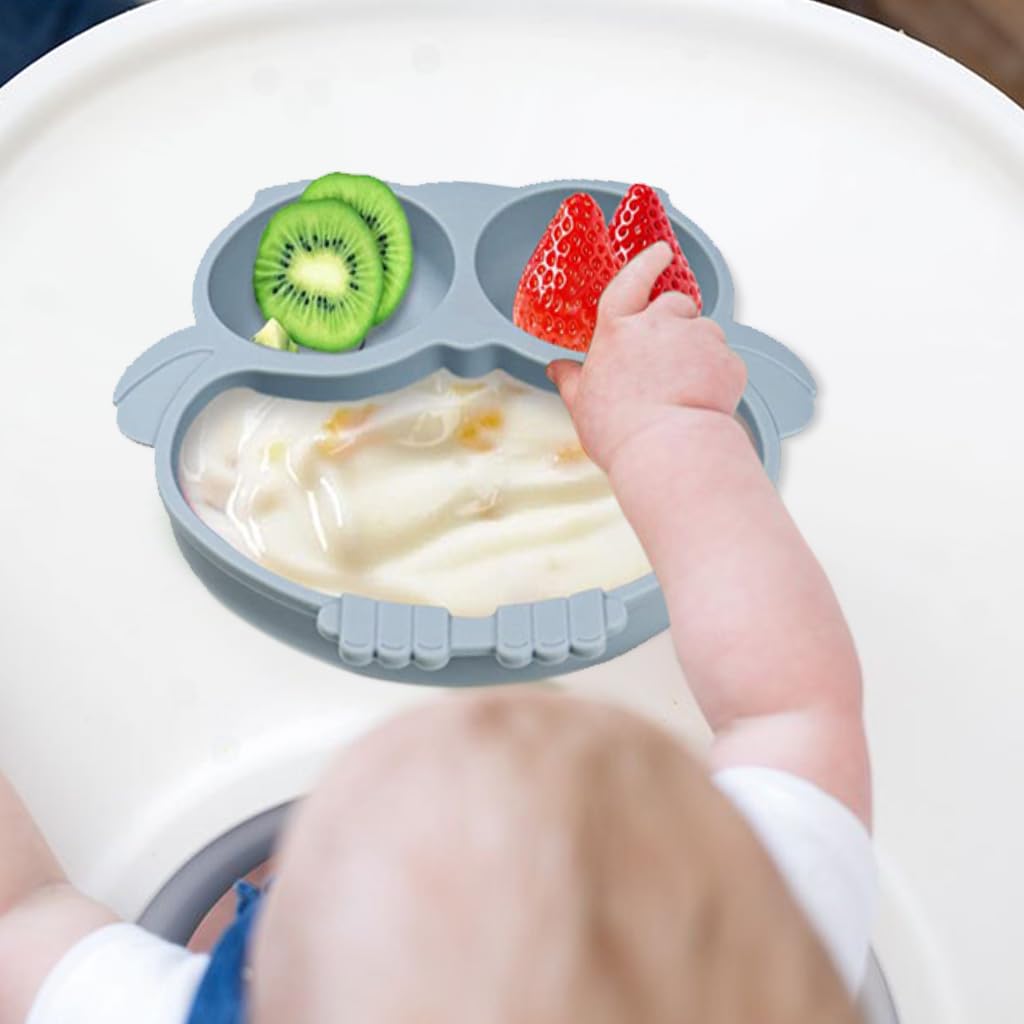 SNOWIE SOFT Baby Suction Plates for Baby Feeding with 4 Strong Suction Cups, Silicone Toddler Plates with Deep Divided for Kids to Feed Themselves, Dish Washer & Micro-Wave Oven Safe