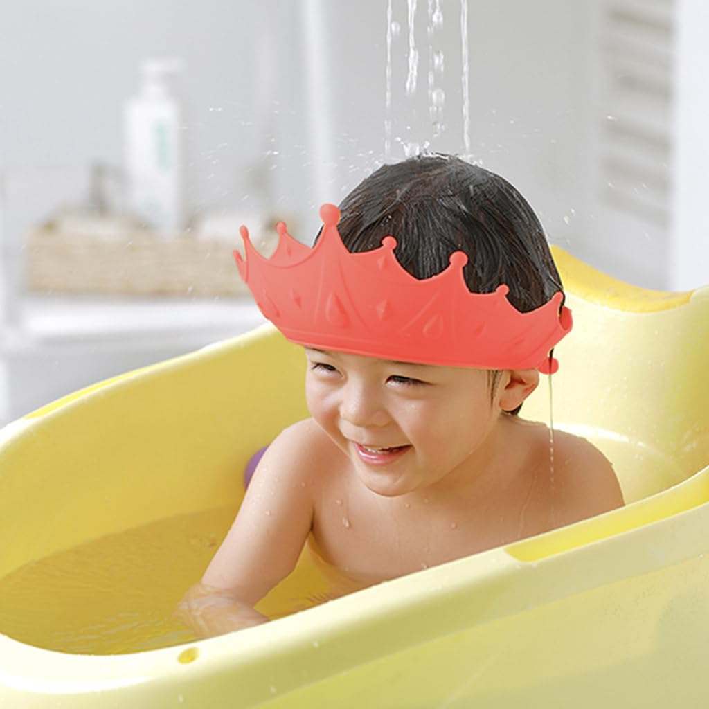 SNOWIE SOFT Baby Shower Cap Hair Brush Rinse Cup Soft Silicone Crown Cap Bath Cap Protecting Eye & Ear Adjustable Baby Shower Crown Cap Baby Shower Gifts, Pink