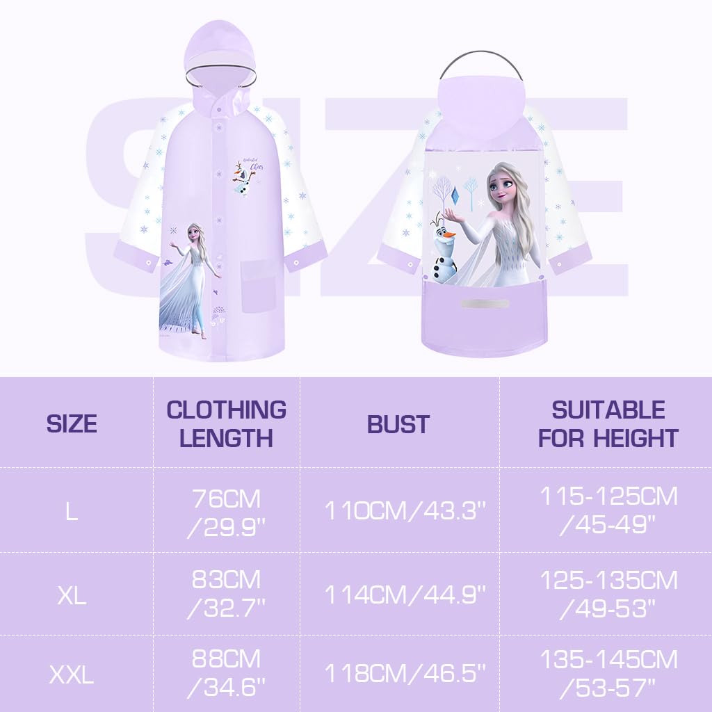 PALAY Raincoat for Girls Cartoon Purple Princess Elsa Print EVA Raincoat Wide Brim Hood Rain Jacket with Backpack Rain Cover Knee Length Long Raincoat for School Girls 9-11 Years Old, Size XXL
