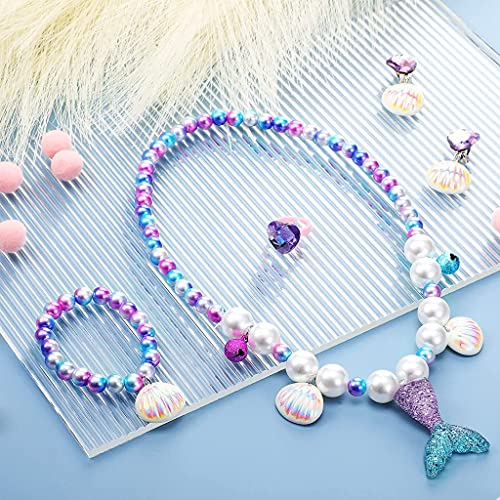 SANNIDHI® Mermaid Necklace Bracelet Kids Jewellery for Girls Set of 5 Pearl Beads Seashell Earrings Ring Kit Party Costume Jewelry Toddler Birthday Christmas Gift 2 PCS